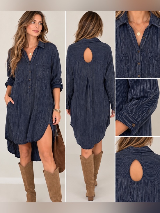Free People Tops - Free People Navy Pinstripe Cotton High-Low Tunic Shirt Dress Size L